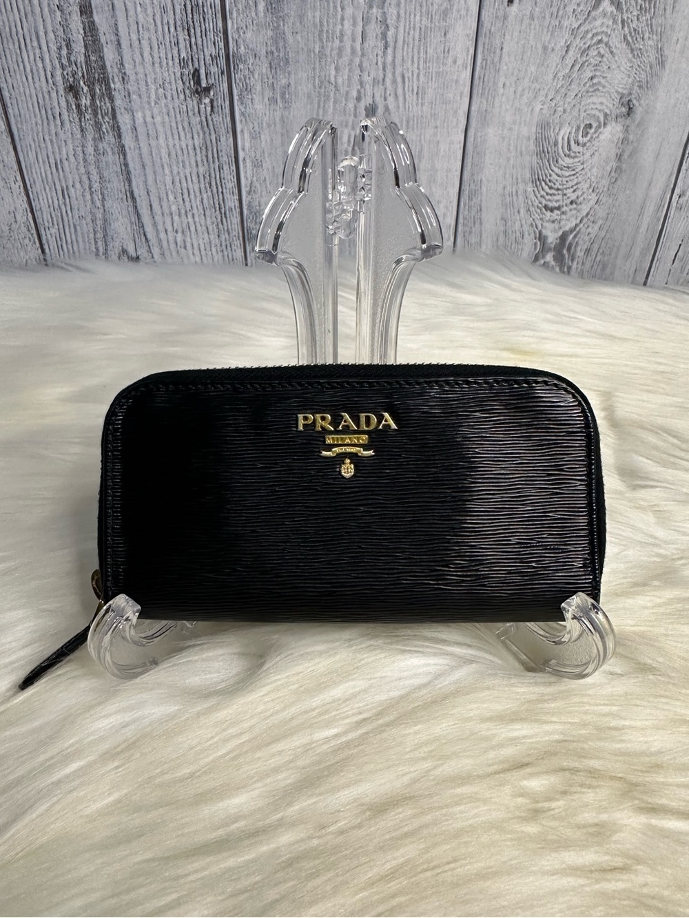 PRADA Black Textured Leather Zip Key/ Card Holder with Gold Hardware